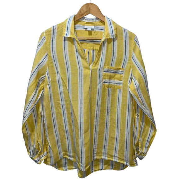 J. Jill Women's 100% Linen Striped Pullover Top Size Medium Yellow Long Sleeve - Picture 1 of 7